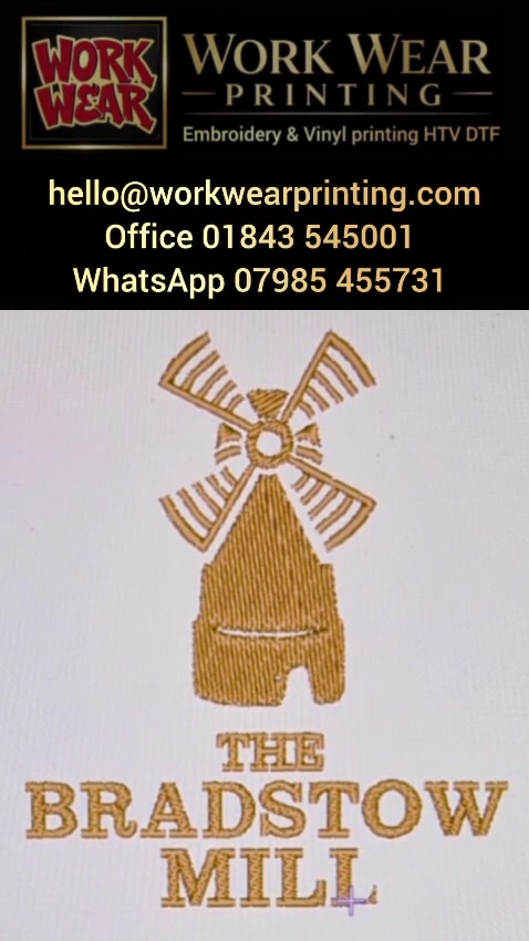 The Bradstow Mill logo: from design, then digitised, then finished embroidery