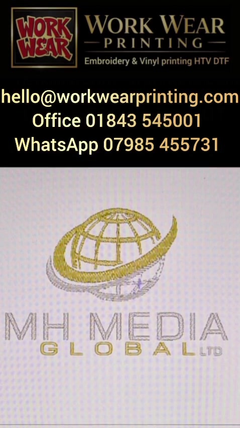 MH Media Global logo: from design, then digitised, then finished embroidery