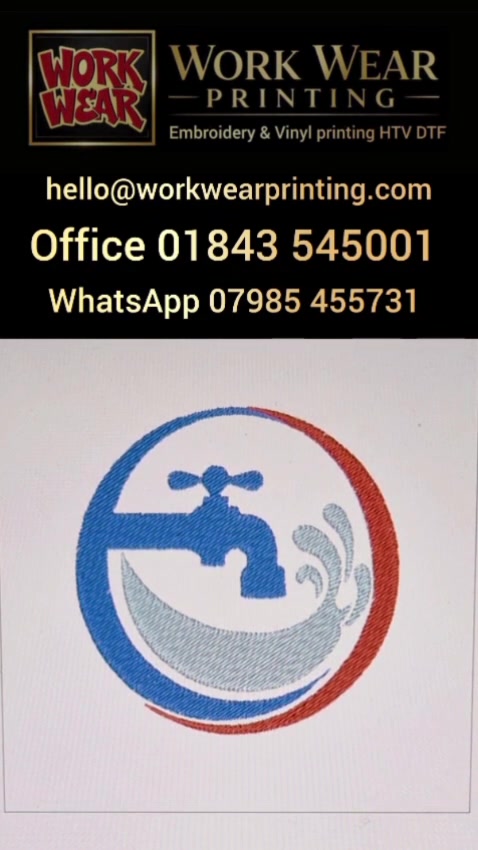 Plumbing and water services logo: from design, then digitised, then finished embroidery