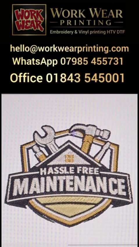 Hassle Free Maintenance logo: from design, then digitised, then finished embroidery