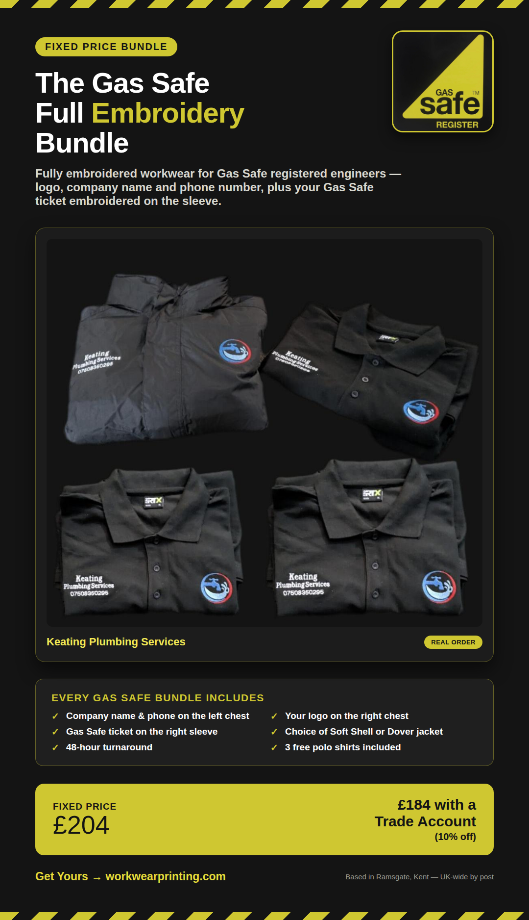 The Gas Safe Full Embroidery Bundle - promotional flyer showing Keating Plumbing Services' actual embroidered jacket and polo shirts with the Gas Safe Register logo
