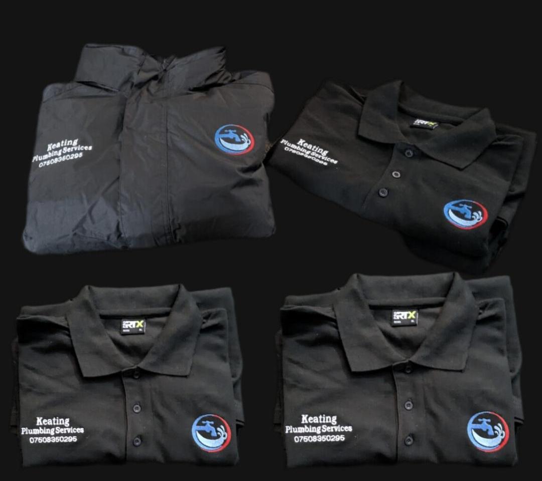 Keating Plumbing Services' Gas Safe Full Embroidery Bundle - jacket and three polo shirts embroidered with company name, phone number and logo