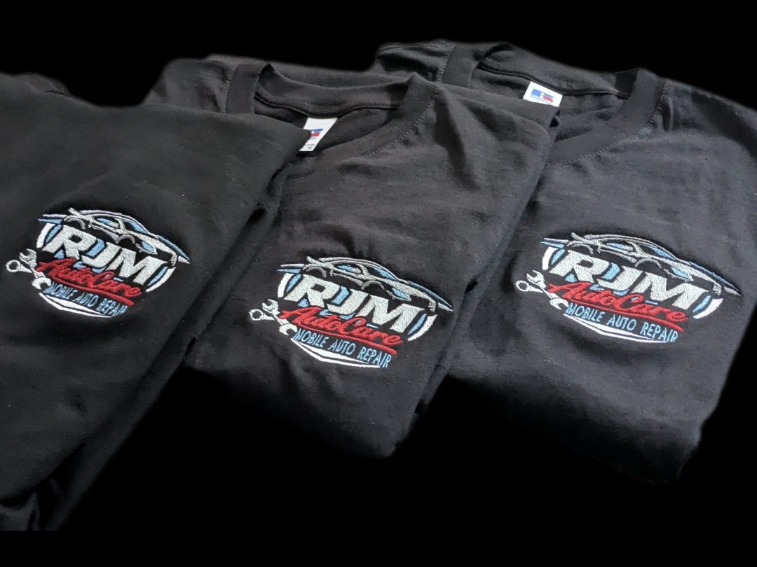 RJM AutoCare embroidered logo with bold legible small text